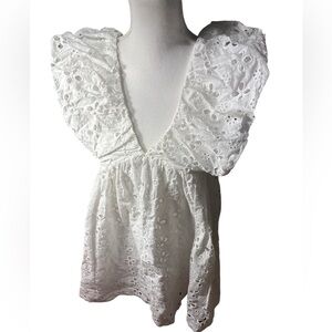 Elegant White cotton puff shoulder Midi Dress Sz XS